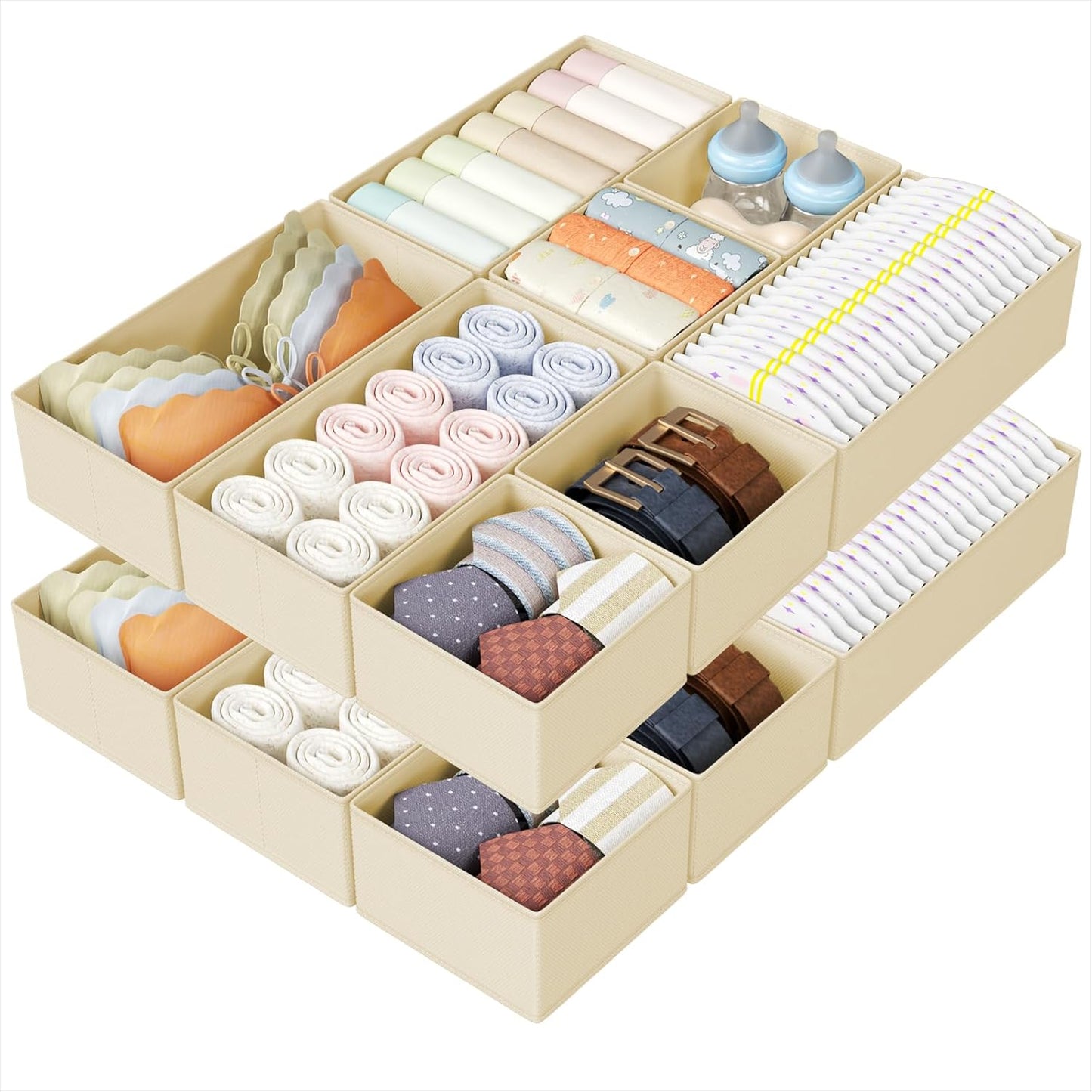 DIMJ Drawer Organizers Clothes, Set of 16 Dresser Organizer Bins, Fabric Closet Organizers and Storage, Shallow Drawer Dividers for Nursery, Clothing, Baby Clothes, Socks, Underwears, Tie (Beige)