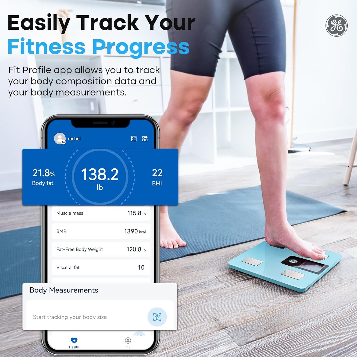 GE Smart Scale for Body Weight, BMI, Fat, Muscle Mass with 14 Metrics and All-in-one LCD Display, Digital Bathroom Scale Bluetooth Body Composition Analyzer with App, Accurate Weighing 400 lb Blue