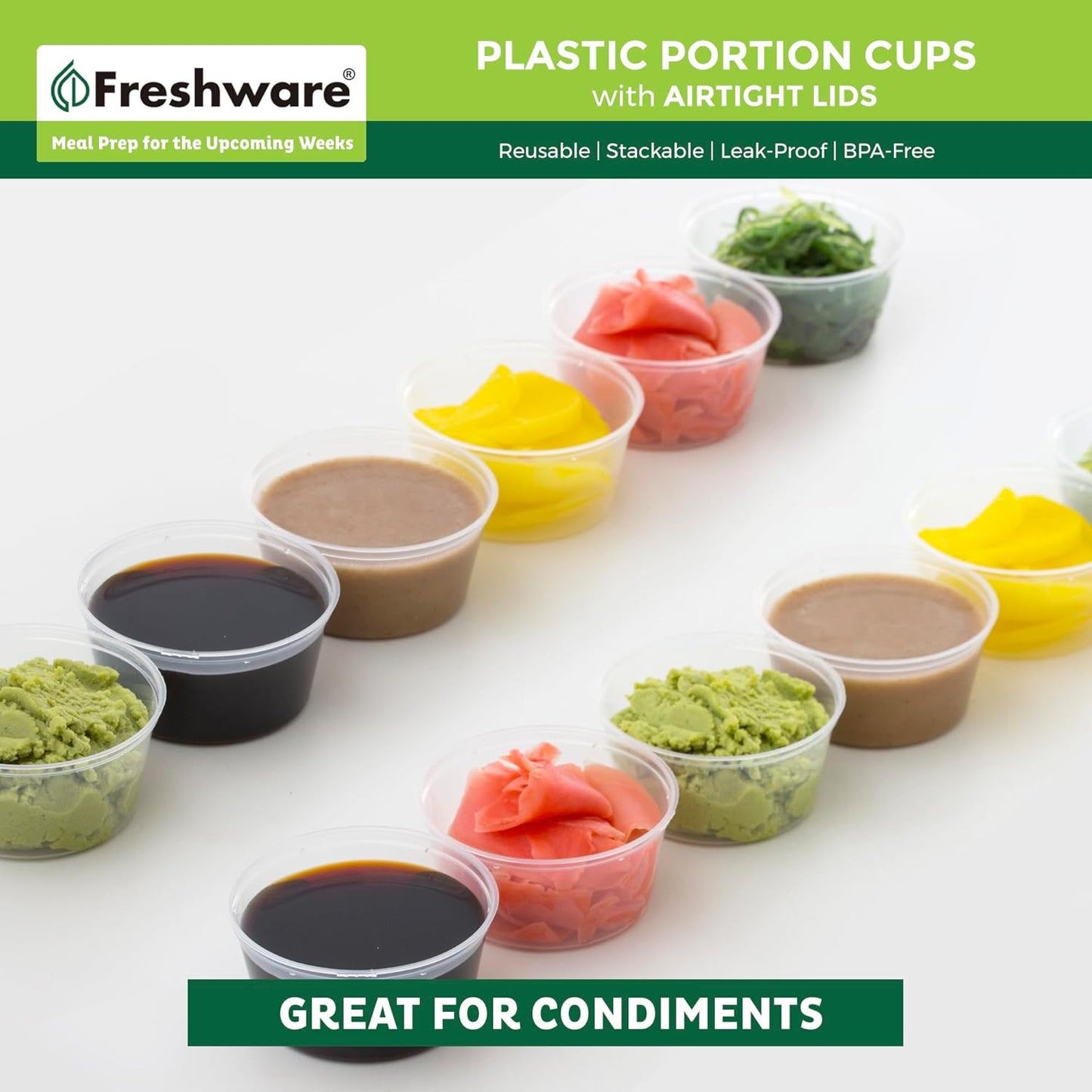 Freshware Plastic Portion Cups with Lids [3.25 Ounce, 100 Sets] Disposable Plastic Cups for Meal Prep, Salad Dressing, Jellos Shot Cups, Souffle Cups, Condiment and Dipping Sauce Cups