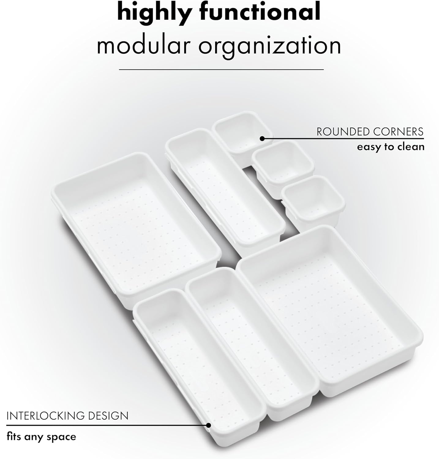 madesmart 8-Piece Interlocking Bin Pack Customizable Multi-Purpose Drawer, One Home Organization, BPA Free, White, 8 Count (Pack of 6)