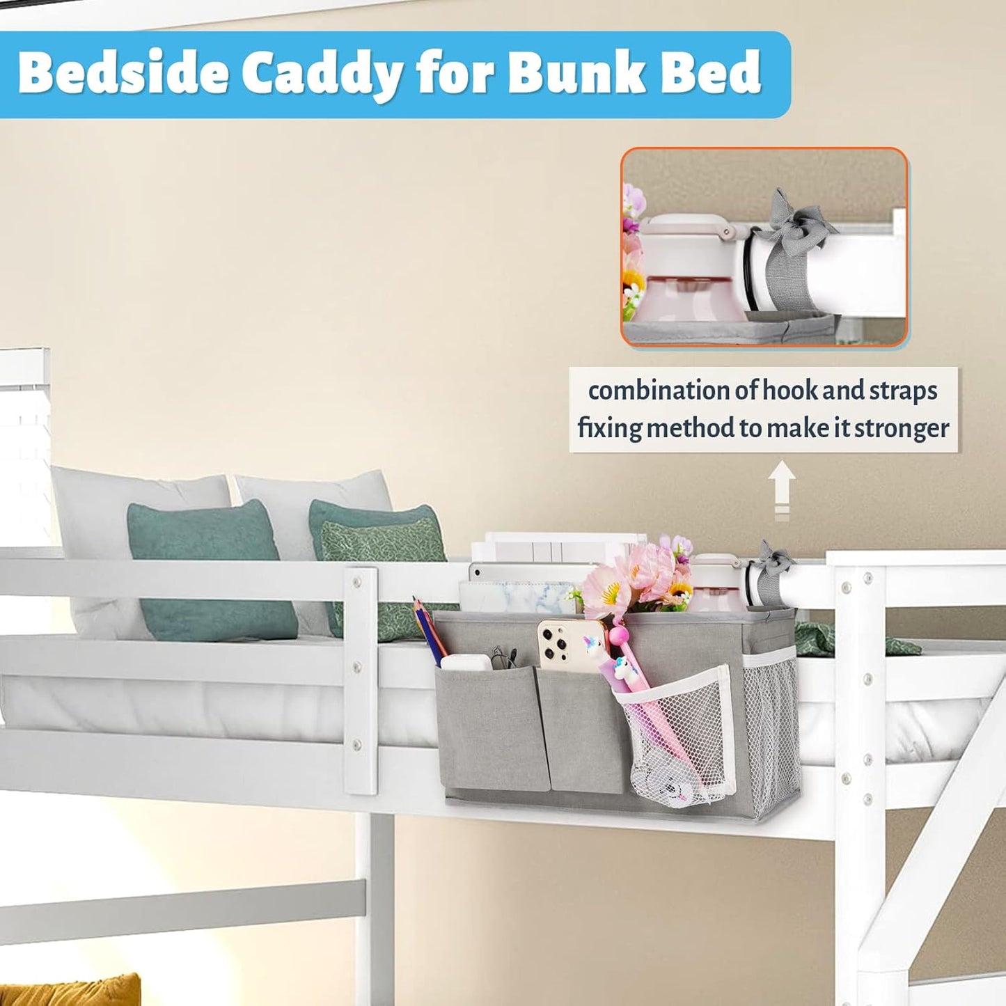 Loghot Bedside Caddy/Bedside Storage Bag Hanging Organizer for Bunk and Hospital Beds,Dorm Rooms Bed Rails,Can be Placed Glasses,Books,Mobile Phones,Keys (New Grey-1)