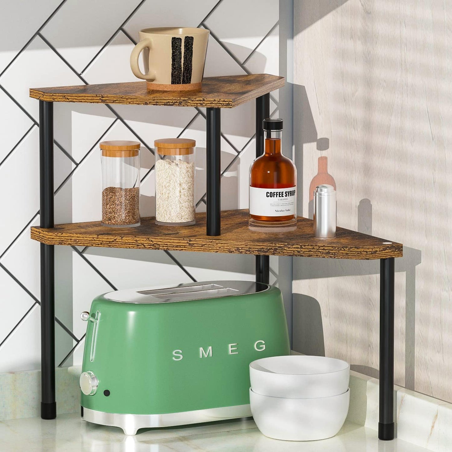 Weenson Kitchen Countertop Organizer Spice Rack for Salt, Bathroom Counter Organizer Over Sink for Toiletries, Makeup, 2-Tier Corner Counter Shelf for Coffee Area Storage Dresser Table(Rust Brown)