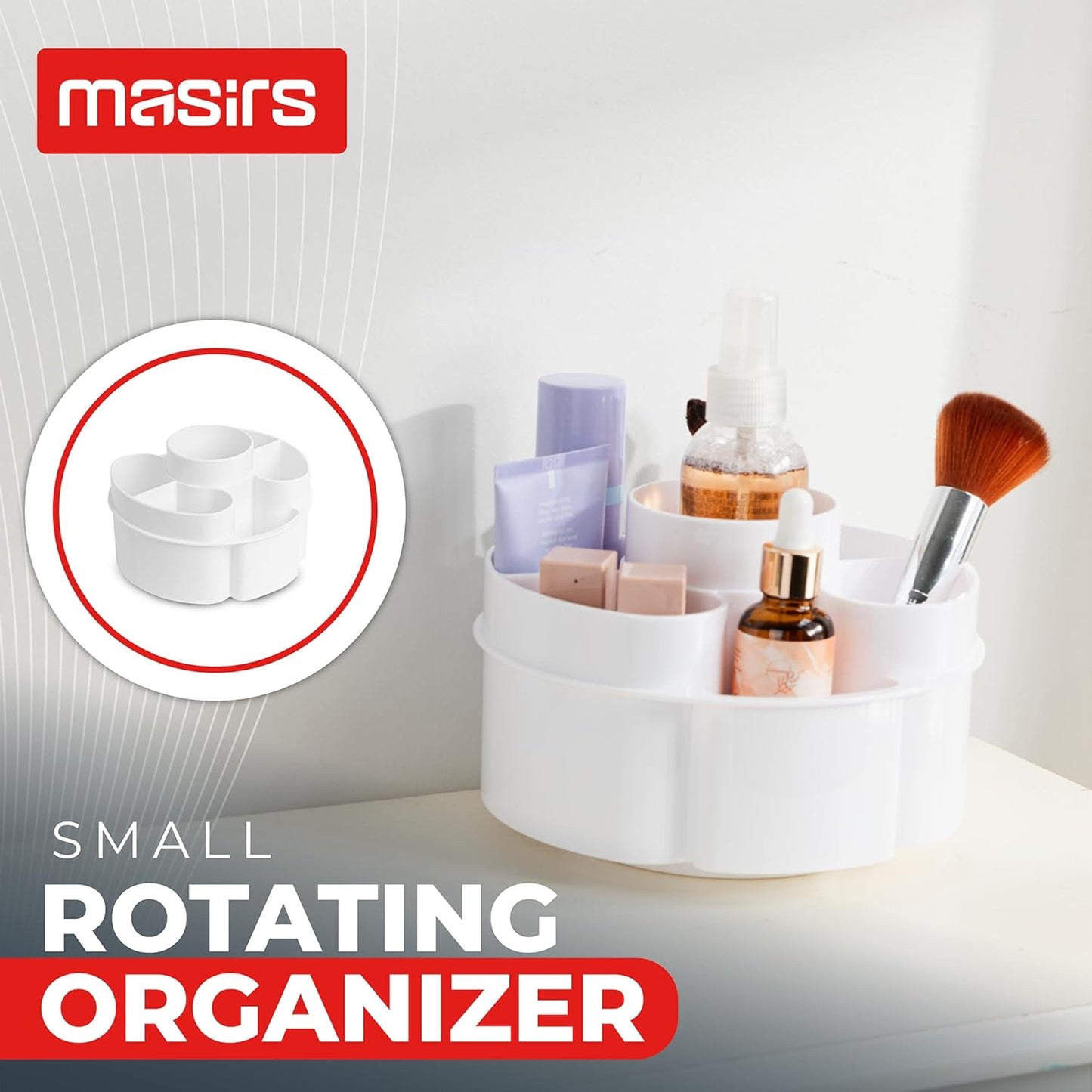 Masirs Small Rotating Makeup Organizer - Mini Yet Spacious Cosmetic Storage Solution with Multiple Compartments - The Perfect Spinning Make-Up Caddy for Vanity or Bathroom Counter (Round - White)