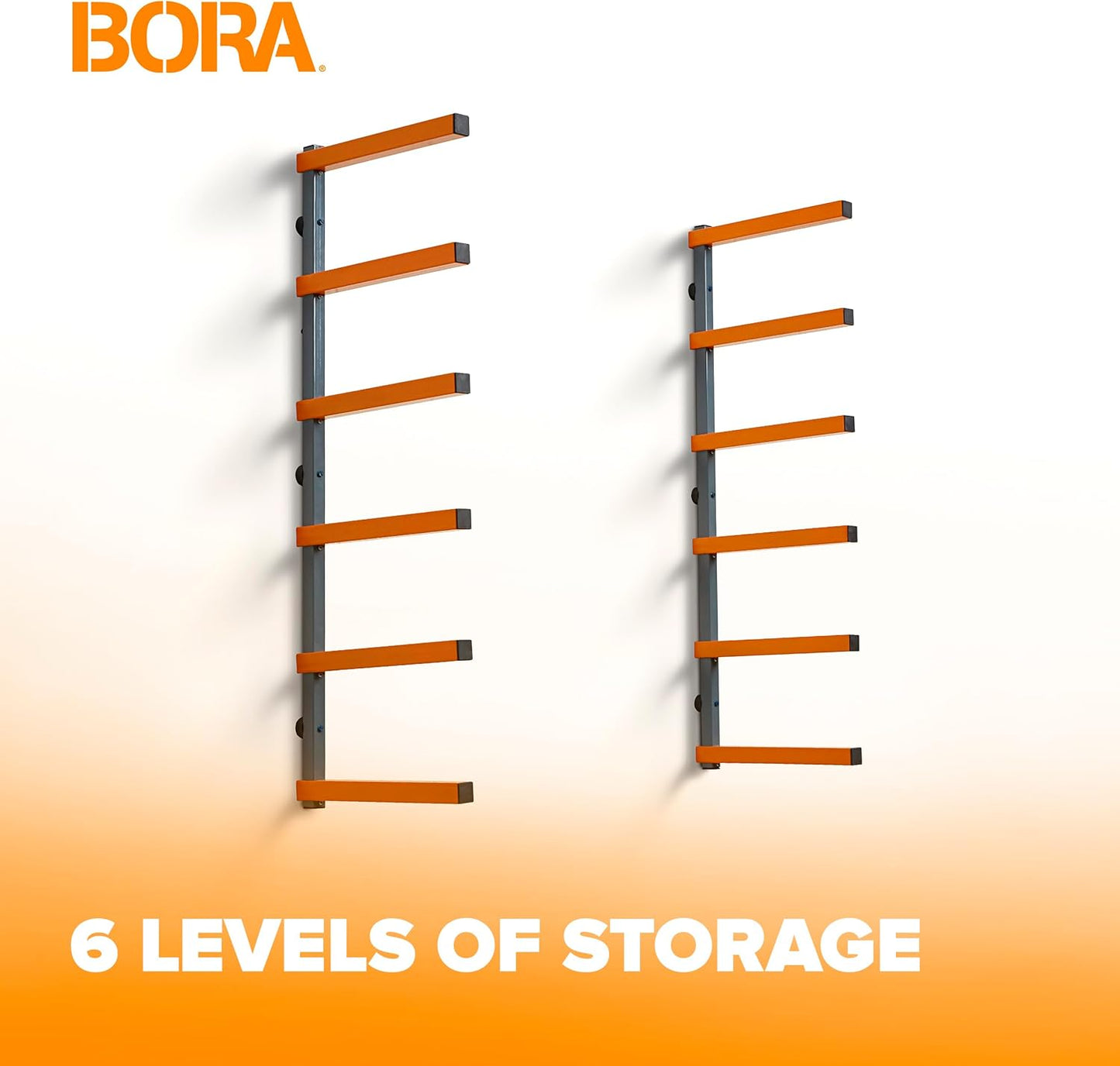 Bora Wood Organizer and Lumber Storage Metal Rack with 6-Level Wall Mount – Indoor and Outdoor Use, In Orange | PBR-001