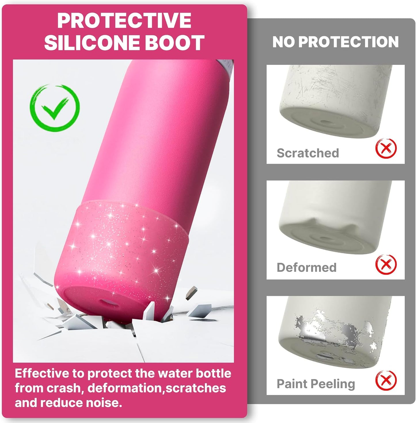 Silicone Boot for Owala 24 oz Water Bottles, Anti-Slip Protective Sleeve Bottom Protector for Owala Twist & FreeSip & Flip Stainless Steel Water Bottle (Glitter Rose Red)