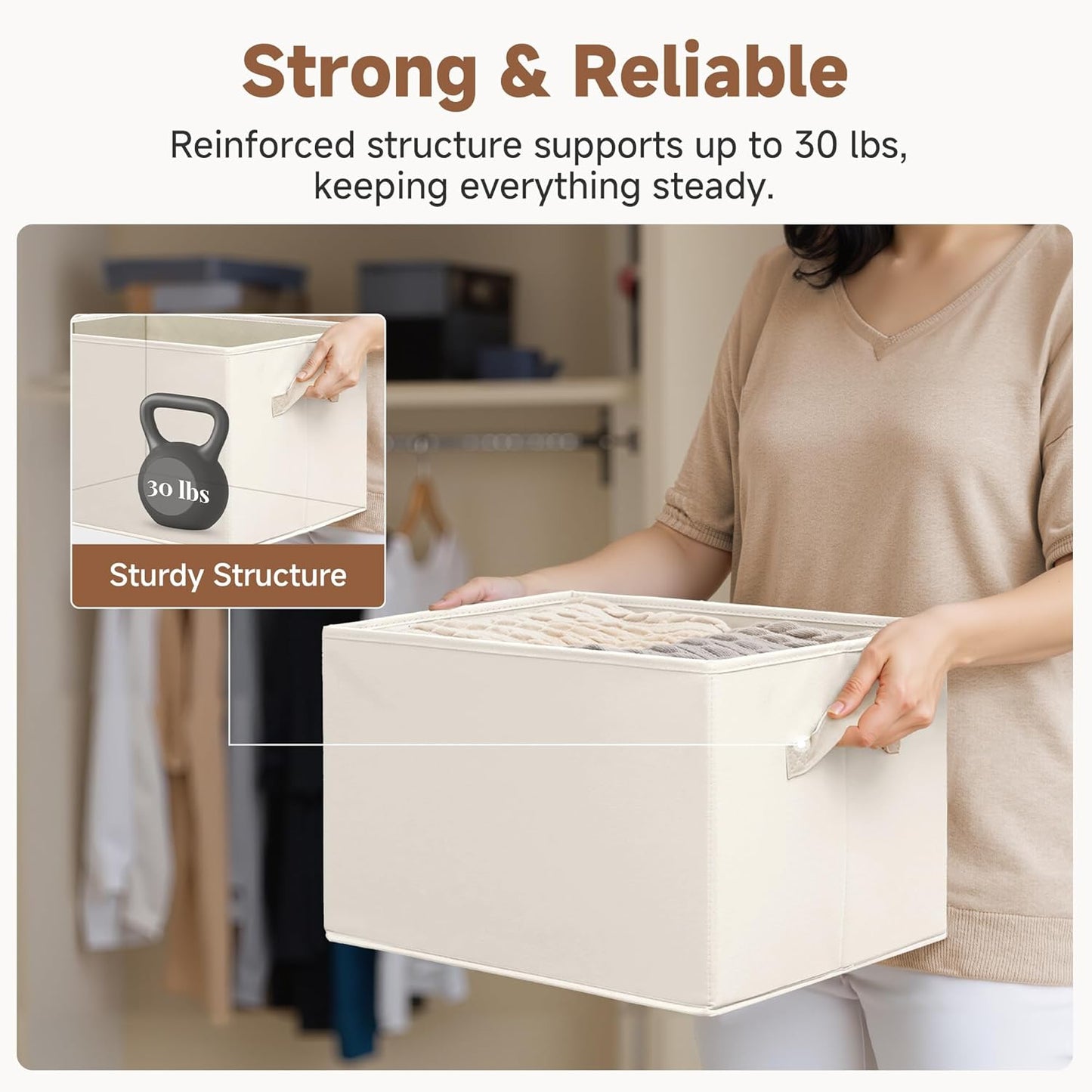 StorageWorks Storage Baskets for Shelves, Foldable Fabric Closet Storage Bins with Handles, Fabric Storage Bins Clothes Organizer, Beige, 3-Pack, Extra Large