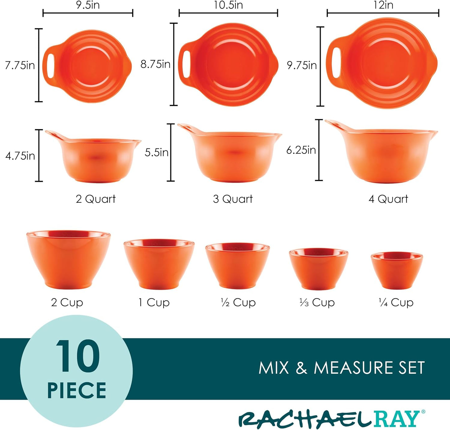 Rachael Ray Pantryware Mixing Bowl Measuring Cup and Utensil Set, 10 Piece, Orange