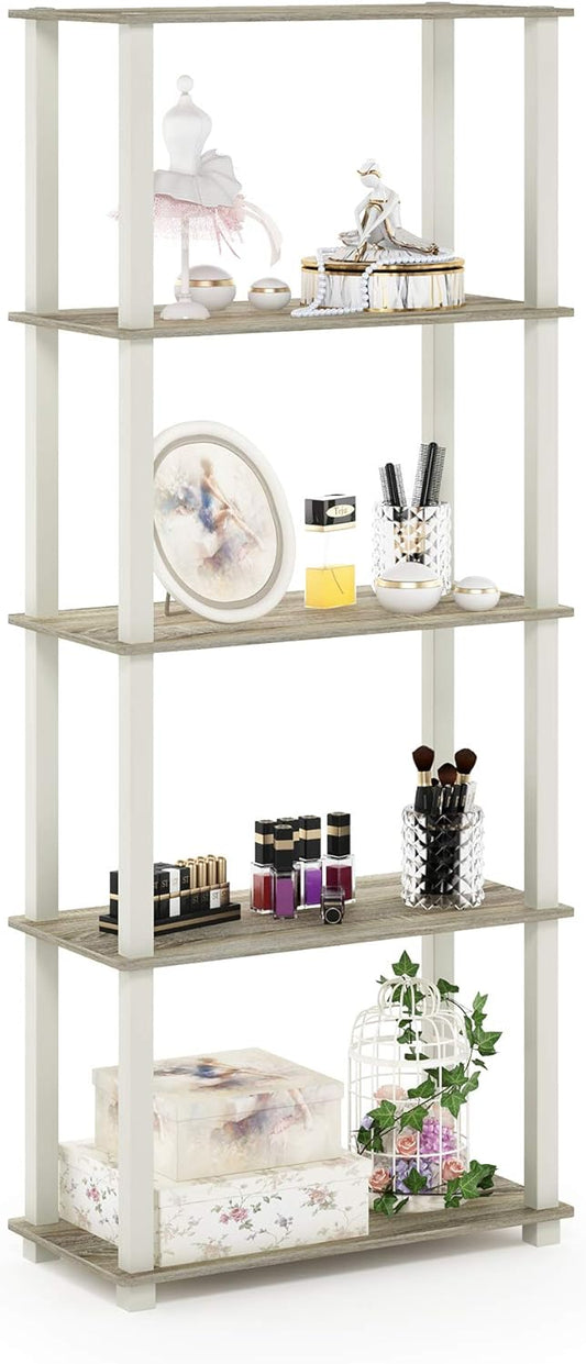 Furinno Turn-N-Tube 5-Tier Multipurpose Shelf / Display Rack / Storage Shelf / Bookshelf, Square Tubes, Sonoma Oak/White