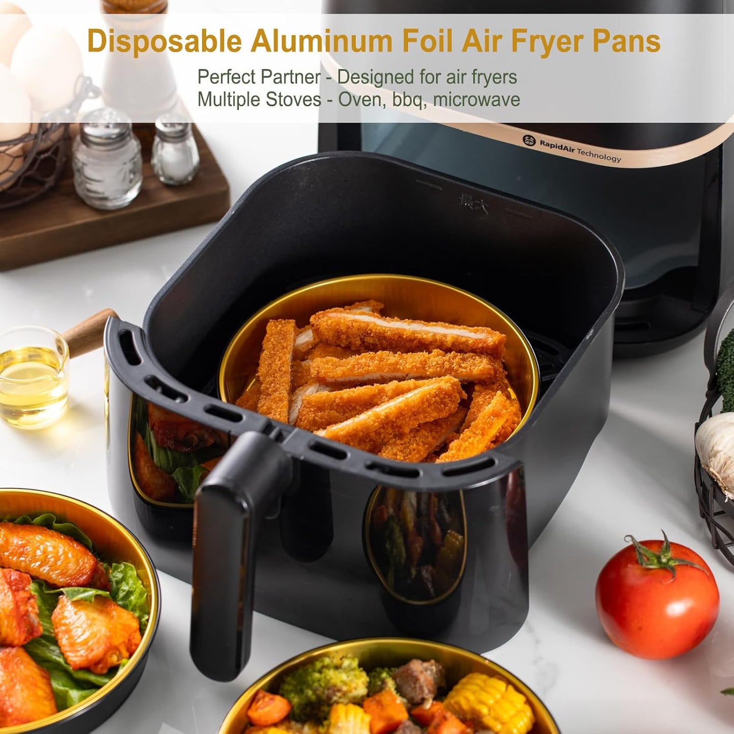 Reusable Aluminum Foil Air Fryer Pans, 50-Pack, 7.1-Inch Diameter, 1.6-Inch Depth, 24.5-Ounce Capacity, Food-Grade, Black & Gold, Thickened for High Temperatures, Dishwasher Safe