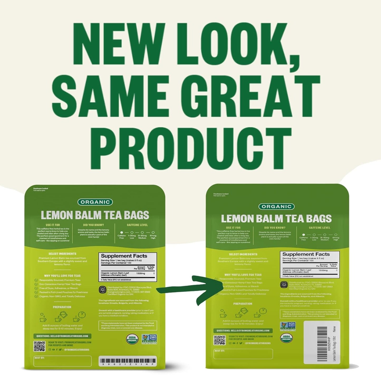 FGO Organic Lemon Balm Tea, 100 Count, Eco-Conscious Herbal Tea Bags, Resealable Bag, Caffeine Free, Packaging May Vary (Pack of 1)