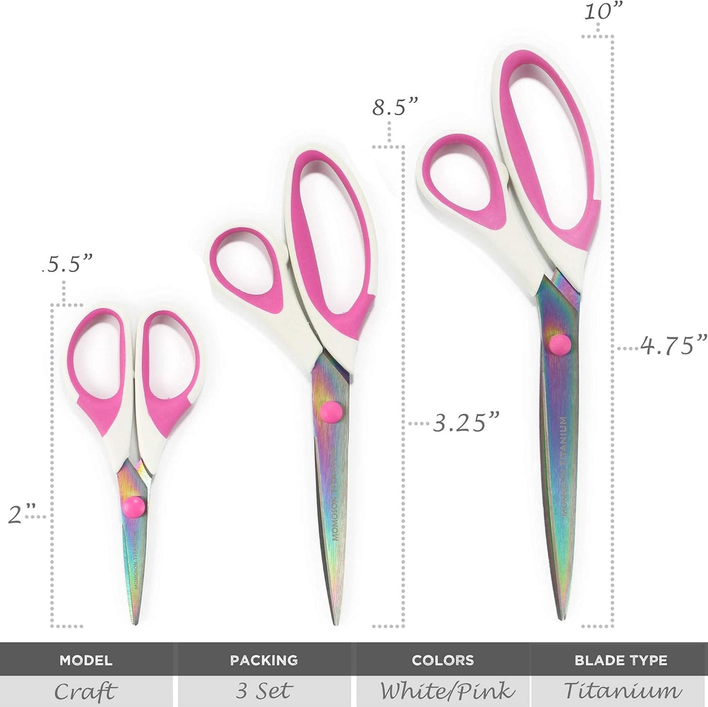BambooMN Titanium Softgrip Scissors Set for Sewing, Arts, Crafts, Office - 10 sets of 3 - White w/Pink Inlays