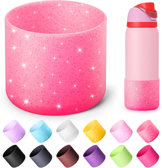 Silicone Water Bottle Boot for Owala 32 oz, Anti-Slip Protective Sleeve for Owala Twist & FreeSip & Flip Stainless Steel Water Bottle, Boot Bottom Base (Glitter Rose Red)