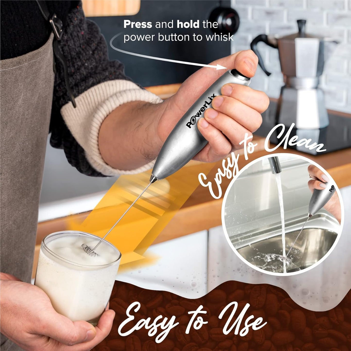 PowerLix Powerful Handheld Milk Frother With Stand Battery Operated Foam Maker Frother Wand For Coffee (A Black) (No Stand Silver)