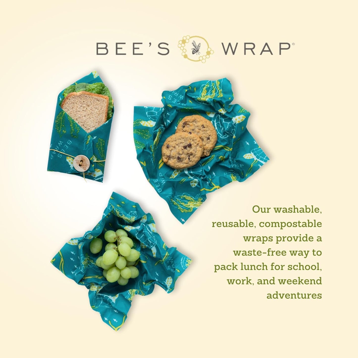 Bee's Wrap Beeswax Wraps for Food - Ocean 3 Pack (2M 1 Sandwich) Made in USA Reusable & Organic Food Wraps, Sandwich Wrap - Eco-Friendly Alternative to Aluminum Foil & Plastic Wrap