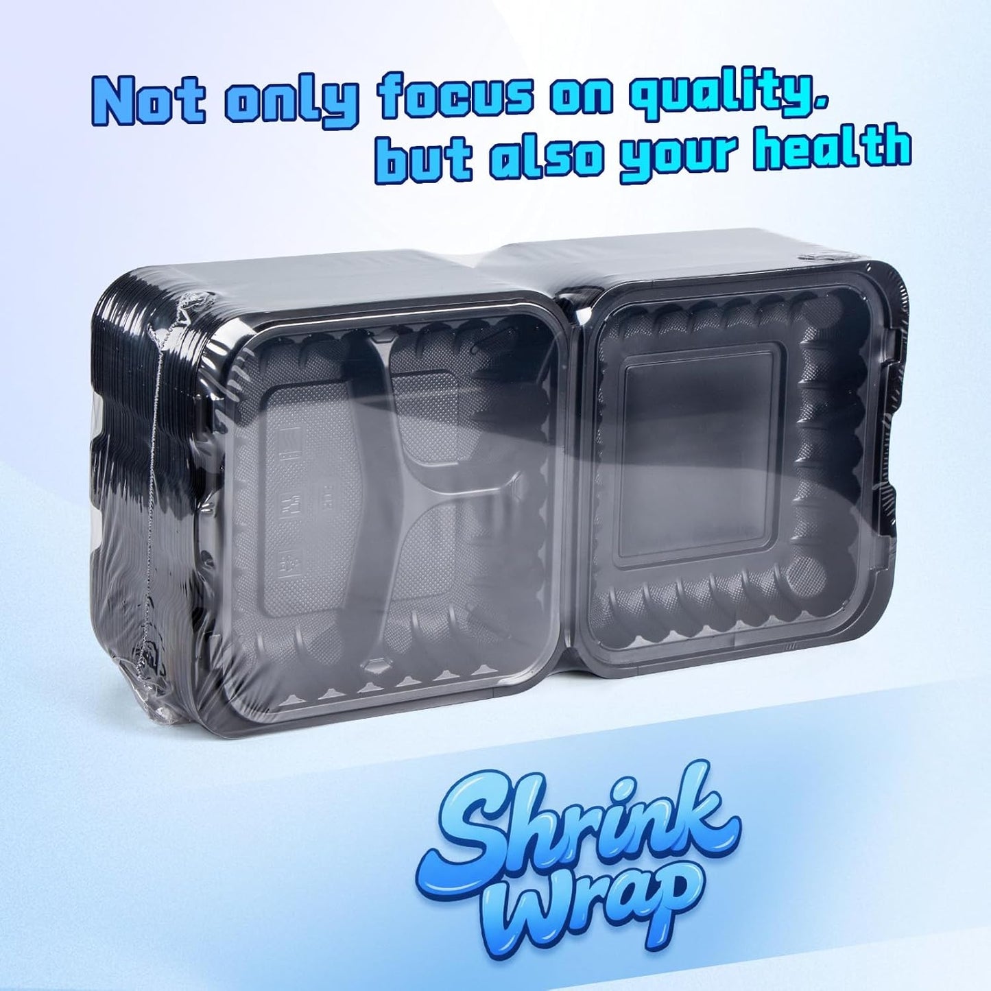 YANGRUI Food Containers Mineral Filled PP Plastic - 55 Pack 8x8 34 oz BPA Free | Shrink Wrap Microwave Safe | Reusable & Disposable Heavy Duty Clamshell Takeout | Black To Go 3 Compartment Lunch Box