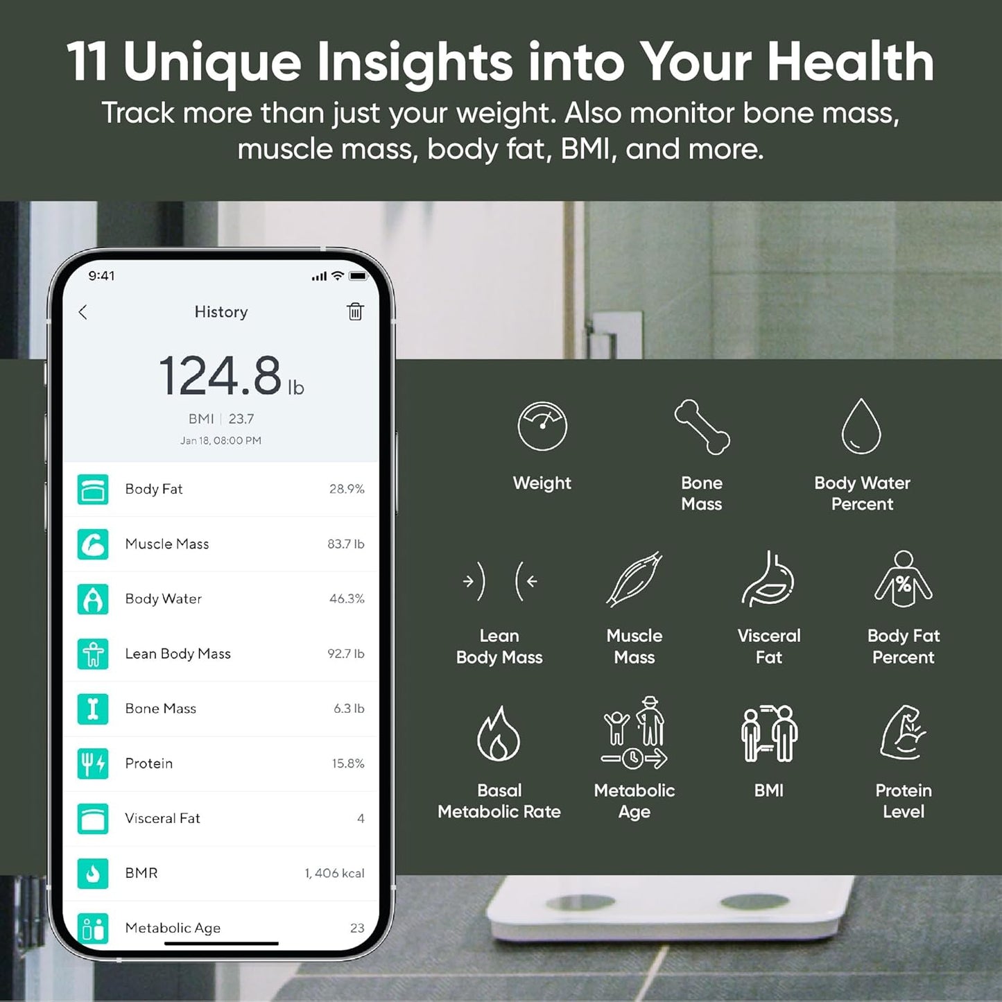 Wyze Scale S, Scale for Body Weight, Digital Bathroom Scale for Body Fat, BMI, Muscle, Heart Rate, Body Composition Analyzer with App, Batteries Included, Bluetooth, 400 lb, White