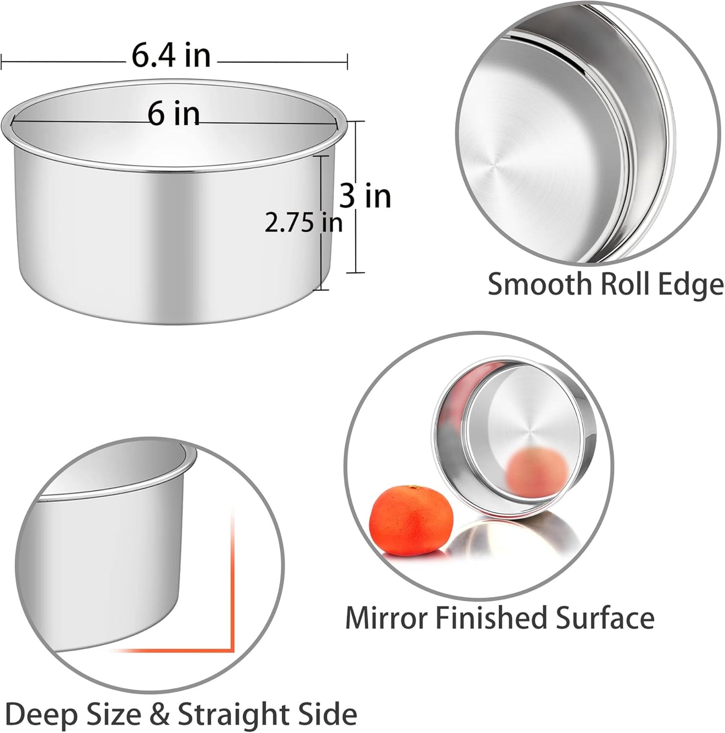 TeamFar 6 Inch Cake Pan, 6” x 3” Deep Round Cake Pan Tier Baking Pans Set Stainless Steel, For Baking Steaming Serving, Healthy & Toxic Free, Deep & Straight Size, Oven & Dishwasher Safe - Set of 4