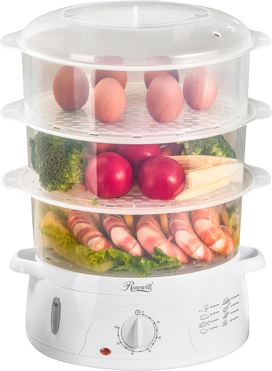 Rosewill Electric Food Steamer with 3 Tiers BPA-Free Stackable, Dishwasher Safe Baskets, 800W with fast steam heating within 40s, Auto shut-off and 60-min timer, 9.5 Quarts Capacity - White