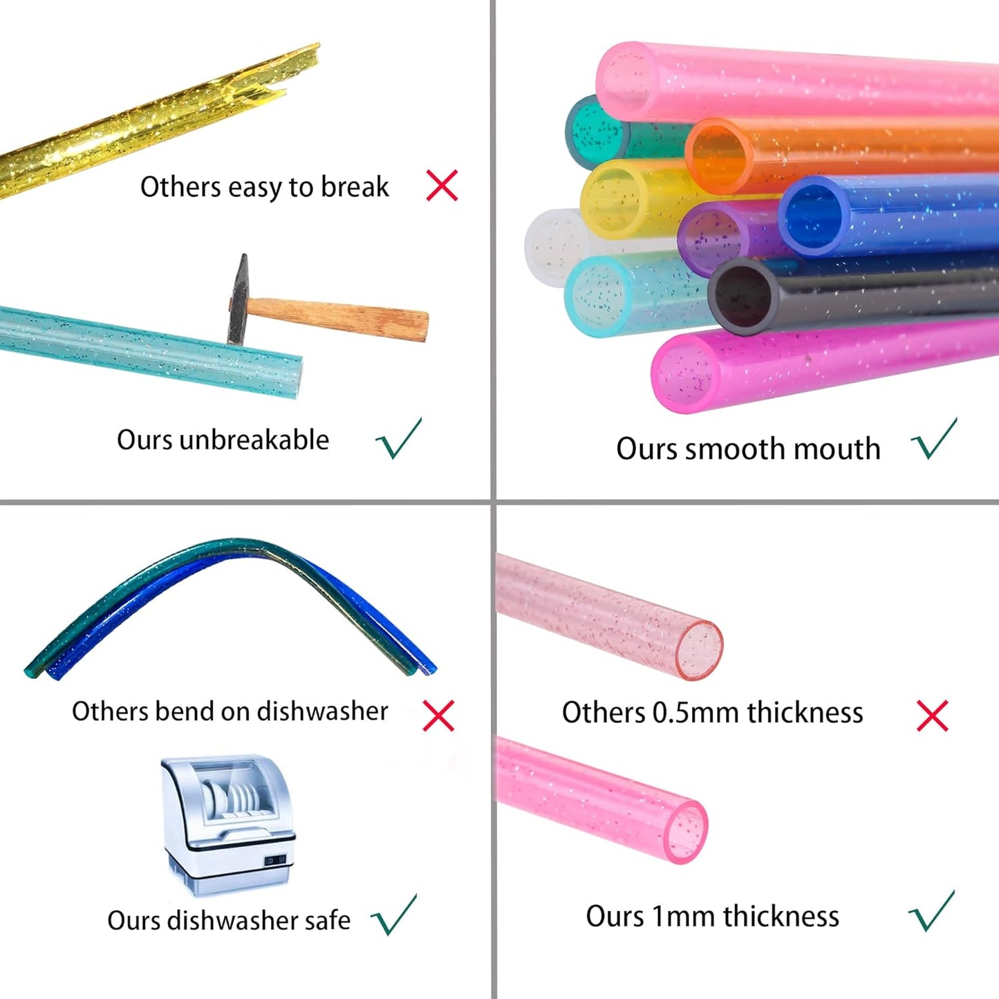 Dakoufish Replacement Glitter Straws for Stanley|Owala|Simple Modern 40oz 30oz Tumbler,10 Pack 12 Inch Reusable Orange Straws With Cleaning Brush For Stanley Hydro Jug Cup,Dishwasher Safe