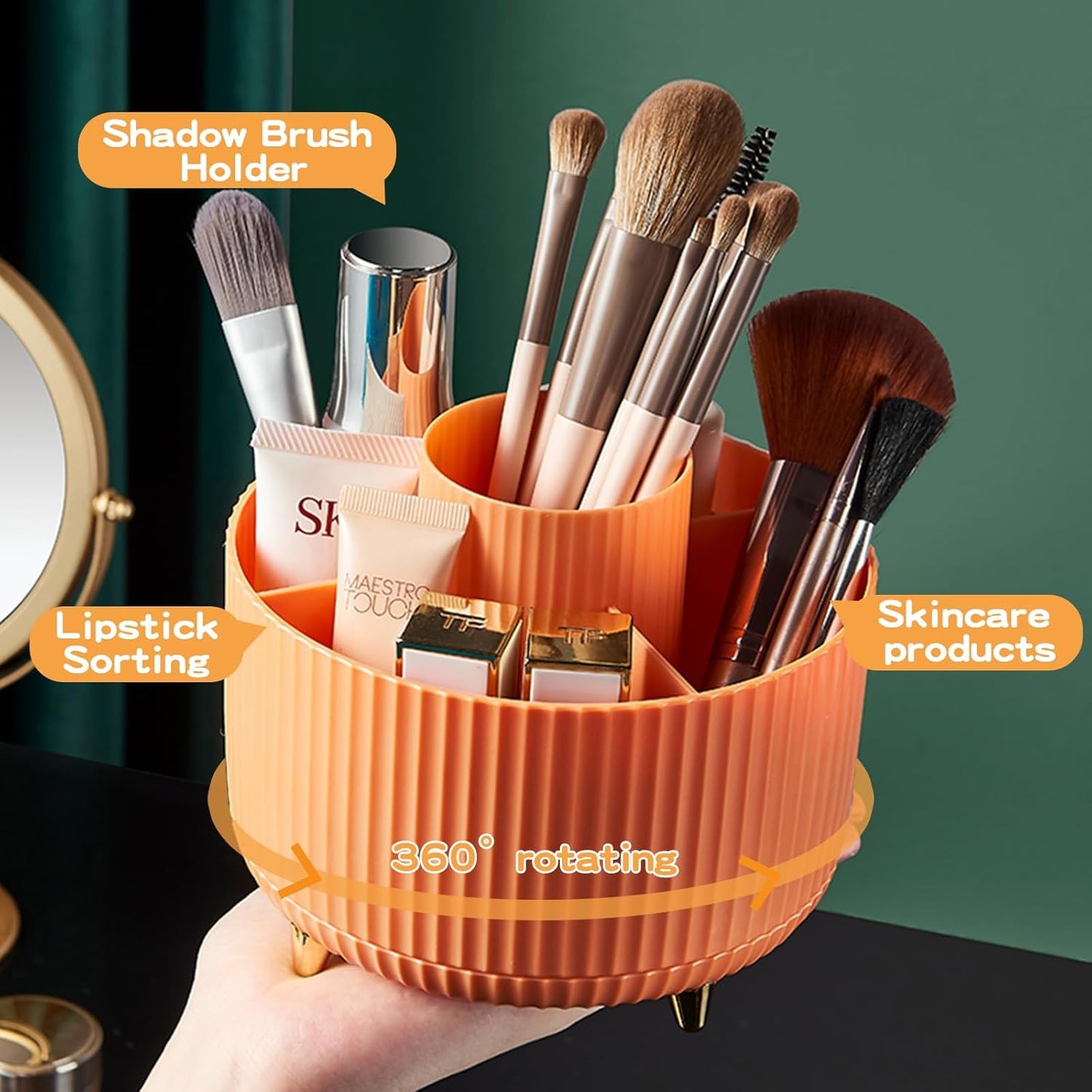 360° Rotate Makeup Brush Holder Organizer, Makeup Organizers Countertop, Makeup organization and Skincare Storage for Vanity, Desktop, Bathroom (Orange)