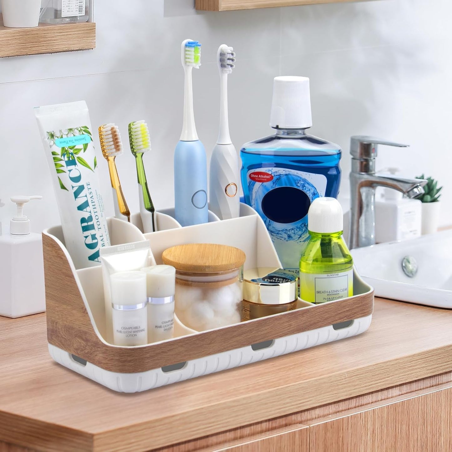 Bathroom Countertop Organizer - Detachable 7 Slots Kids Electric Toothbrush and Toothpaste Holde Drainage for Bathroom Accessories Organization Counter Vanity Storage, Woodgrain