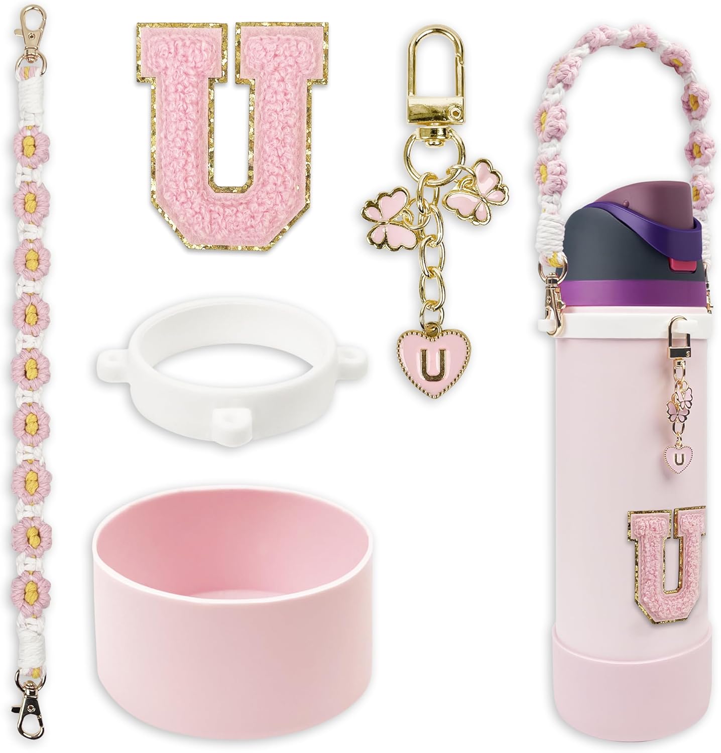 SITKOL Silicone Boot Cute Monogram Set Compatible with Owala Water Bottle 24 oz, 32 oz, 40 oz - Perfect Letter Owala Accessories for Owala Tumbler, Owala Free Sip, Pink Owala, Black Owala