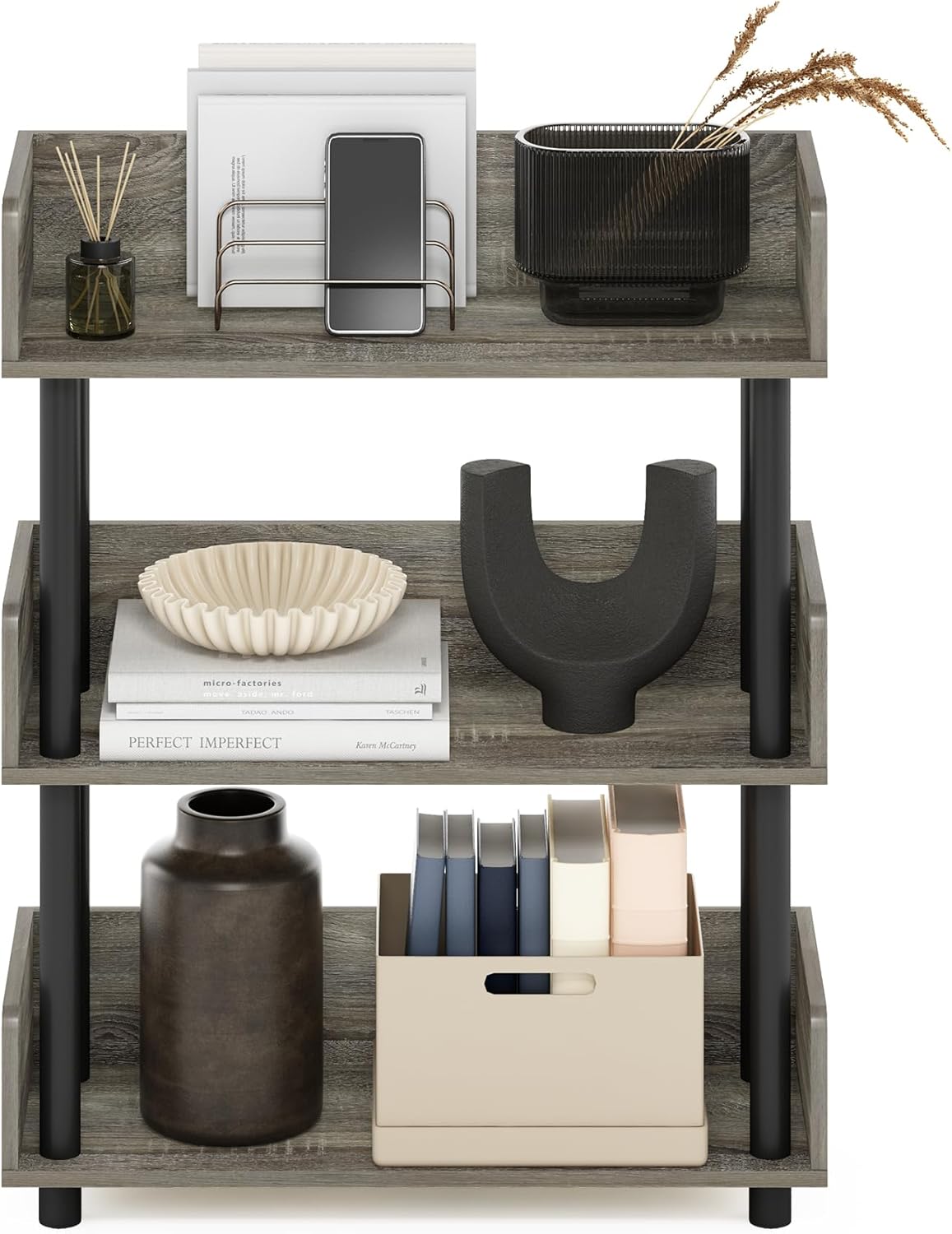 Furinno TURN-N-TUBE 3-Tier Display Shelf, Storage Shelves, Book Shelf, Open Shelves with Rounded Corner Top Edges, for Organization and Storage, Living Room, Home Office, French Oak