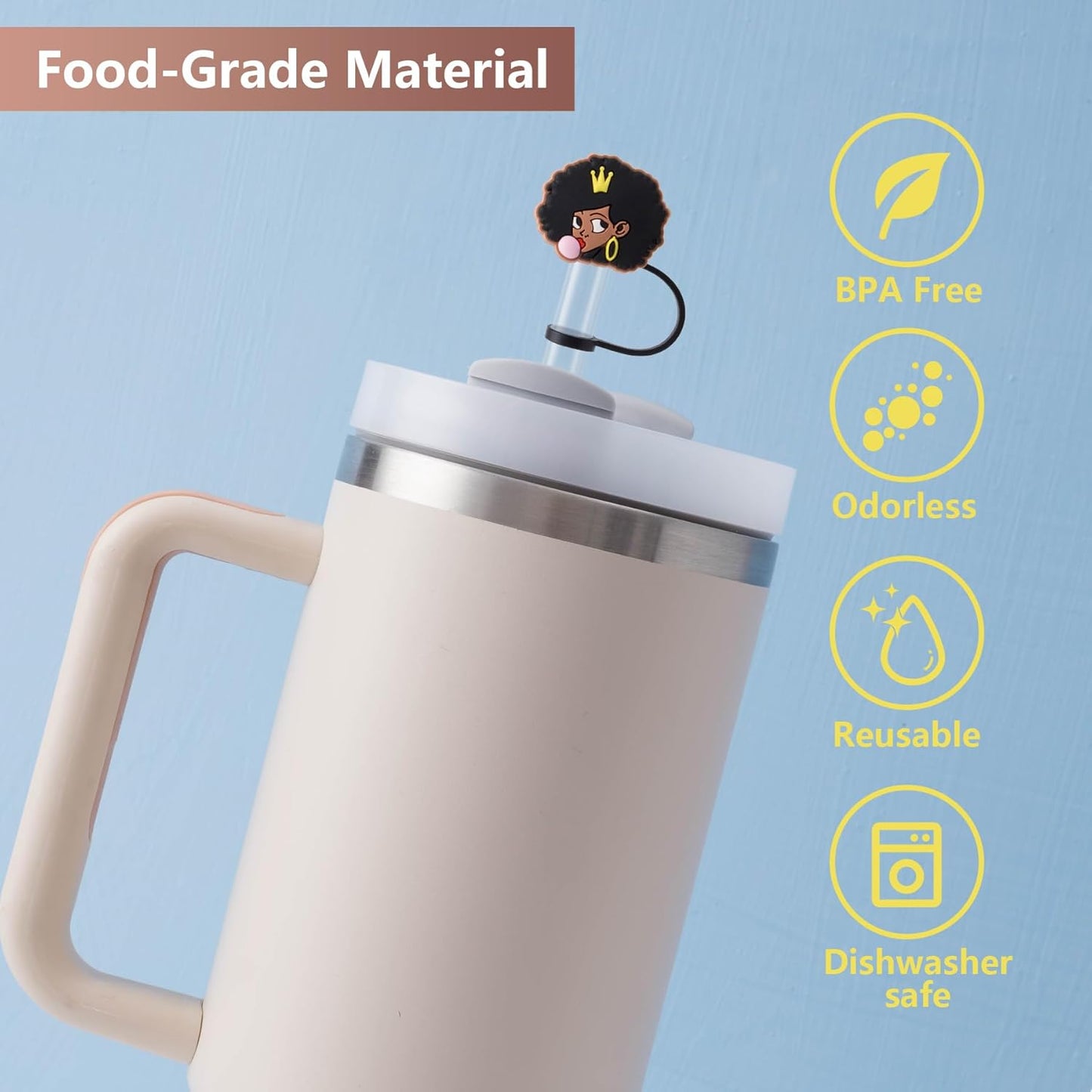 6Pcs Black Girl Straw Cover Cap for Stanley Cup Accessories, 10mm Cute Black Drinking Straw Topper for 40oz 30oz Stanley Tumbler, Dust-Proof Reusable Straw Tips Valentines Decor Gifts for Women