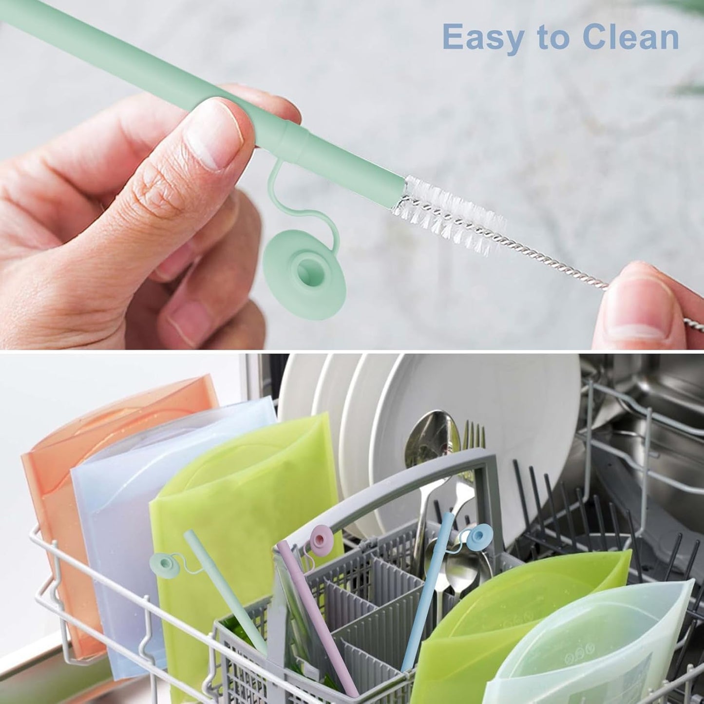 Reusable Silicone Straws with Cover, Bite-Safe, 12”Long Collapsible Drinking Straws for Stanley Owala Cups, Tumblers & Travel – Trim to Fit Any Cup (Green)