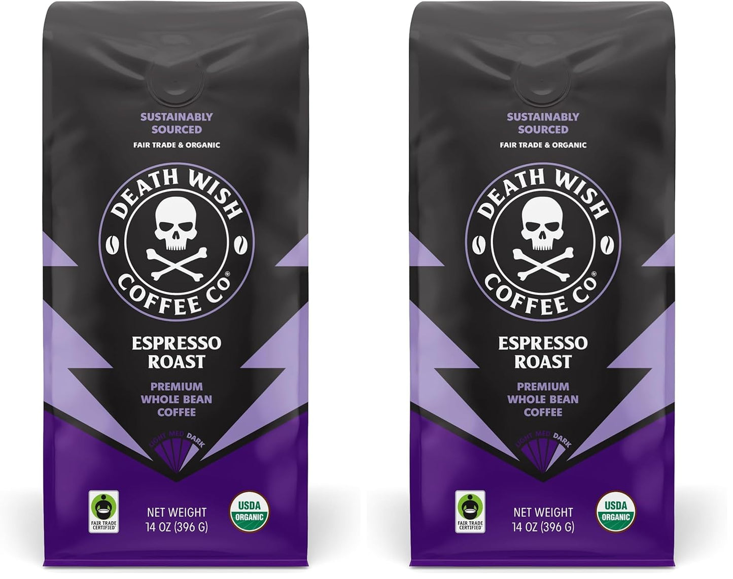 Death Wish Coffee, Whole Bean Espresso Roast - Organic, Fair Trade, Arabica and Robusta Coffee Beans, 14 ounce (Pack of 2)
