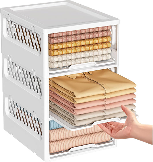 3 Pack Stackable Closet Storage Basket - Stackable Storage Bins, Multifunctional & Foldable Closet Organizer Divided, Wardrobe Cupboard Space-Saving Clothes Storage Hat Organizer, White