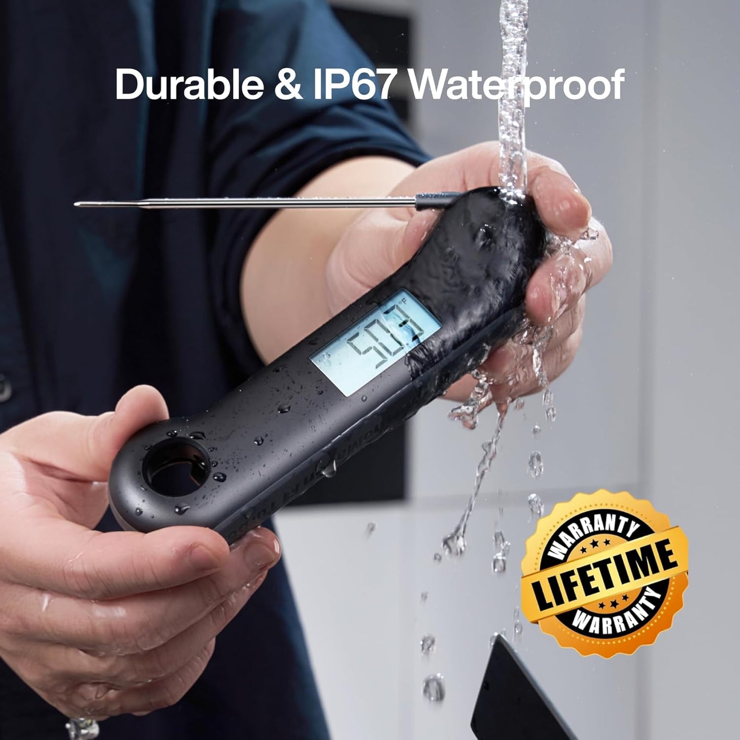 ProfessionaI Meat Thermometer Digital, 3X Faster 0.5 Sec Instant Read, NIST Certified Accuracy ±0.5°F, 100% Waterproof, Auto-Rotating Bright Display, for Candy/Grill/BBQ, Black & Gray