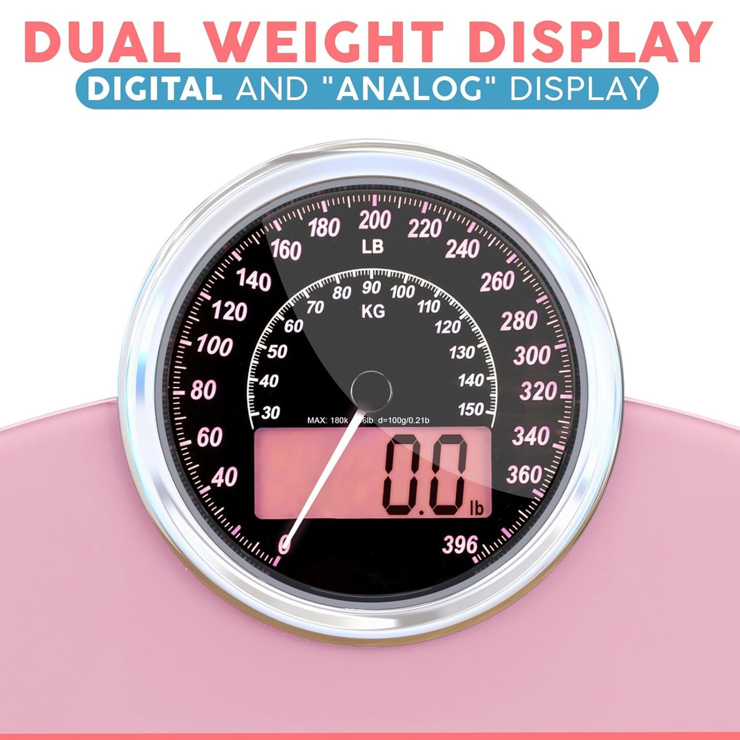 Adamson Hybrid 2-in-1 Analog & Digital Weighing Scale for Body Weight up to 400lbs - Thick Tempered Glass - Extra Large Display - Easy to Read Digital Bathroom Scale - New - Pink