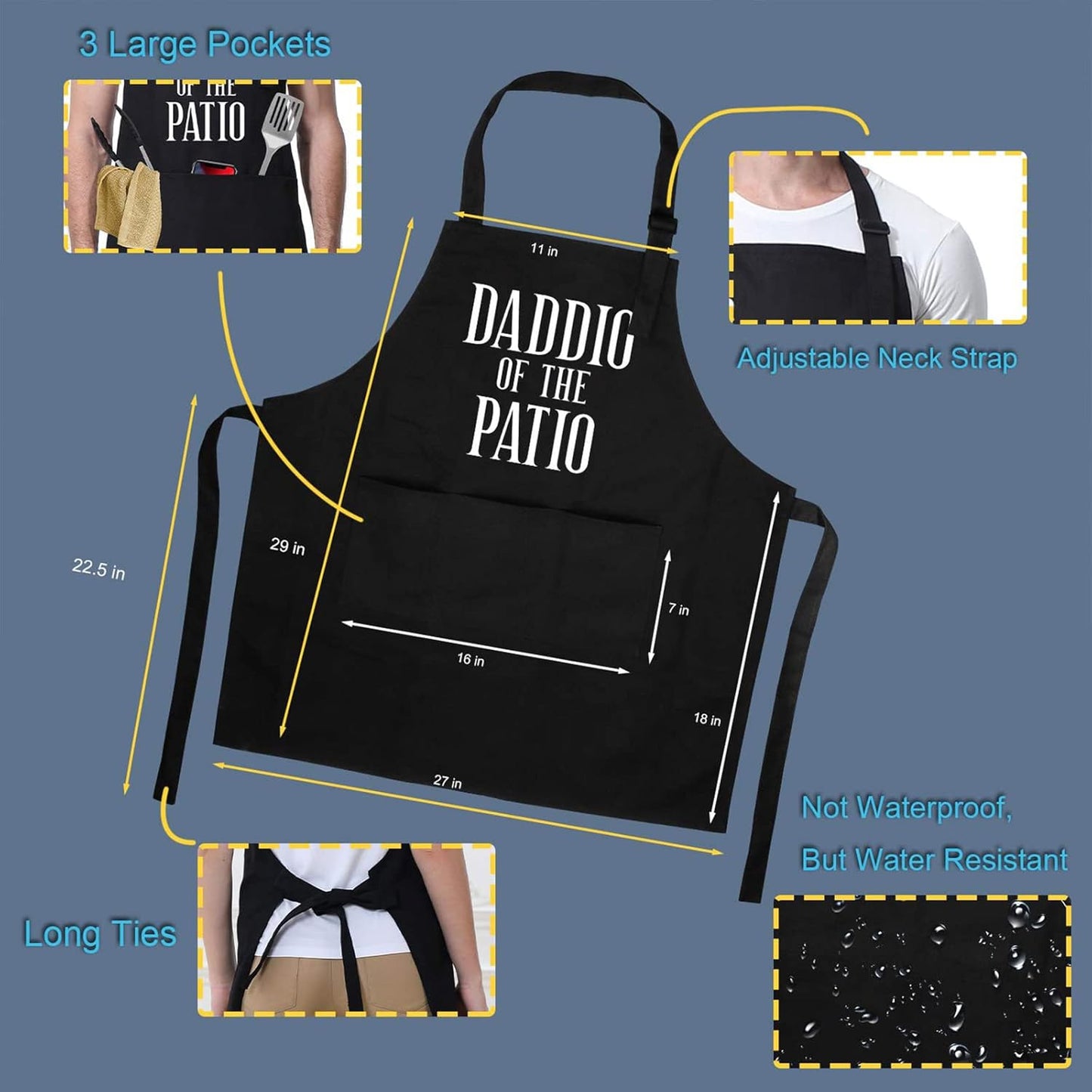 Miracu Grill Apron for Daddy, Daddio of The Patio, Dad Gifts from Daughter Son - Funny Fathers Christmas, Birthday Gifts for Dad, Best Step Daddy, Father in Law - Papa Aprons for Grilling BBQ Cooking