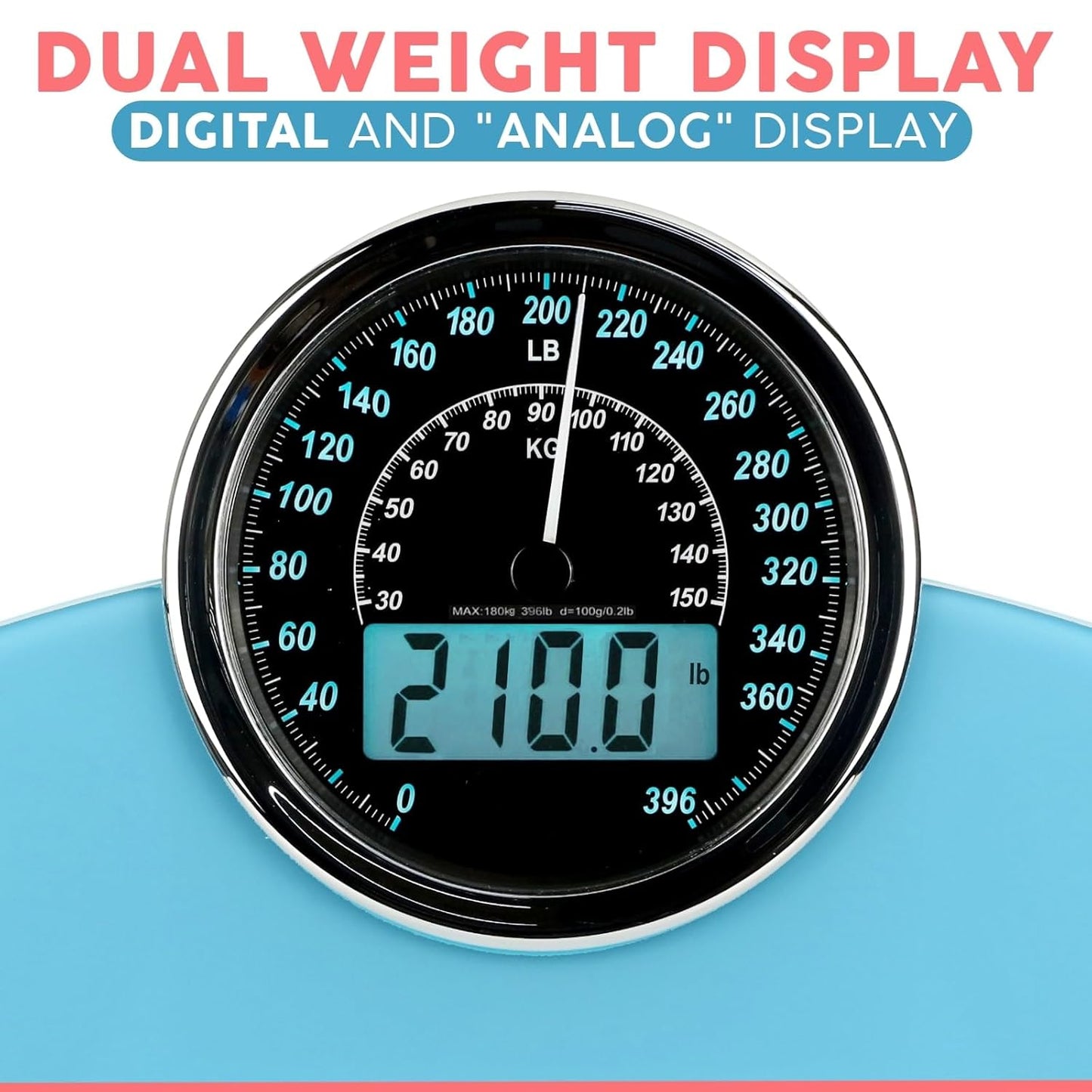 Adamson Hybrid 2-in-1 Analog & Digital Weighing Scale for Body Weight up to 400lbs - Thick Tempered Glass - Extra Large Display - Easy to Read Digital Bathroom Scale - New - Light Blue