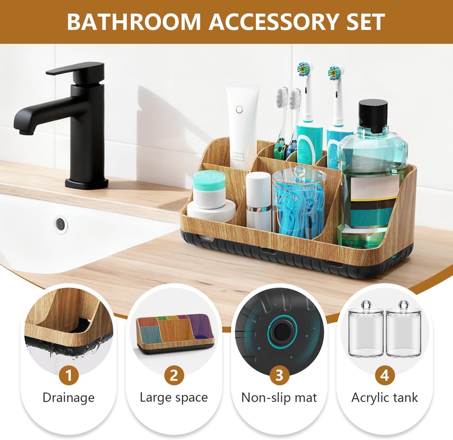 Bathroom Toothbrush Holder Set with 2 Pack Qtip Holder Dispenser - 7 Slots Kids Bathroom Accessory Sets with Drainage, Q Tip Holder for Bathroom Sink Counter Accessories Set