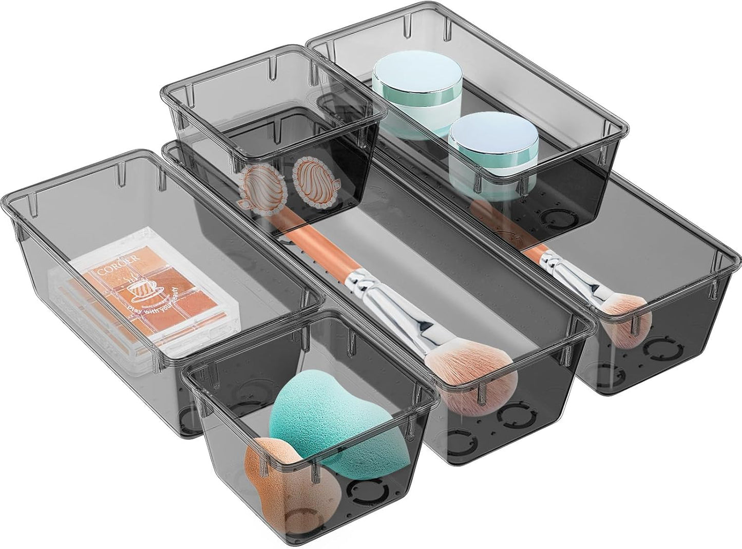 WOWBOX 6 Pack Clear Drawer Organizer Set, Acrylic Drawer Storage Trays, Storage Bins for Makeup, Cosmetics, Jewelries, Utensils, Gadgets, Office, Black