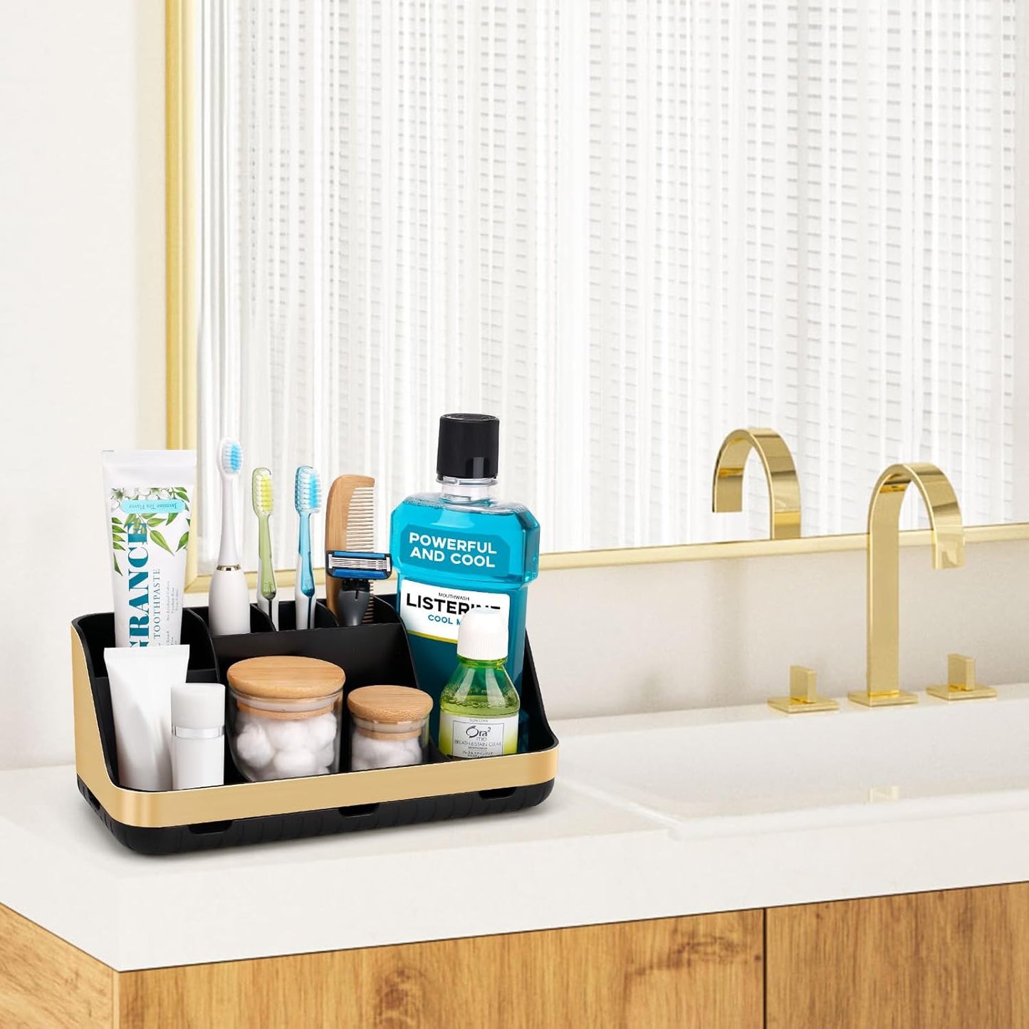 Gold Toothbrush Holders for Bathrooms Countertop Organizer - Detachable 7 Slots Electric Toothbrush and Toothpaste Holder, Kids Organization and Storage, Restroom Accessories Vanity Stuff