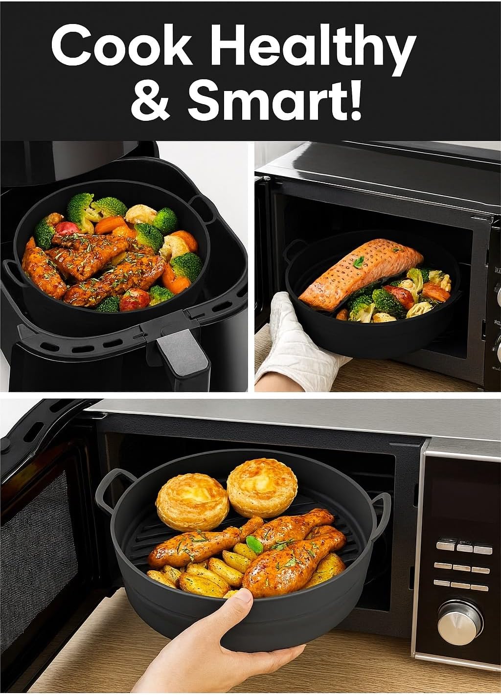 Silicone Air Fryer Liner 8.6" Round for 5–8 QT, No Divider, Reusable Non-Stick Collapsible Pot Liner, Dishwasher Safe, Heat-Resistant 446°F, BLACK, 1 Pack