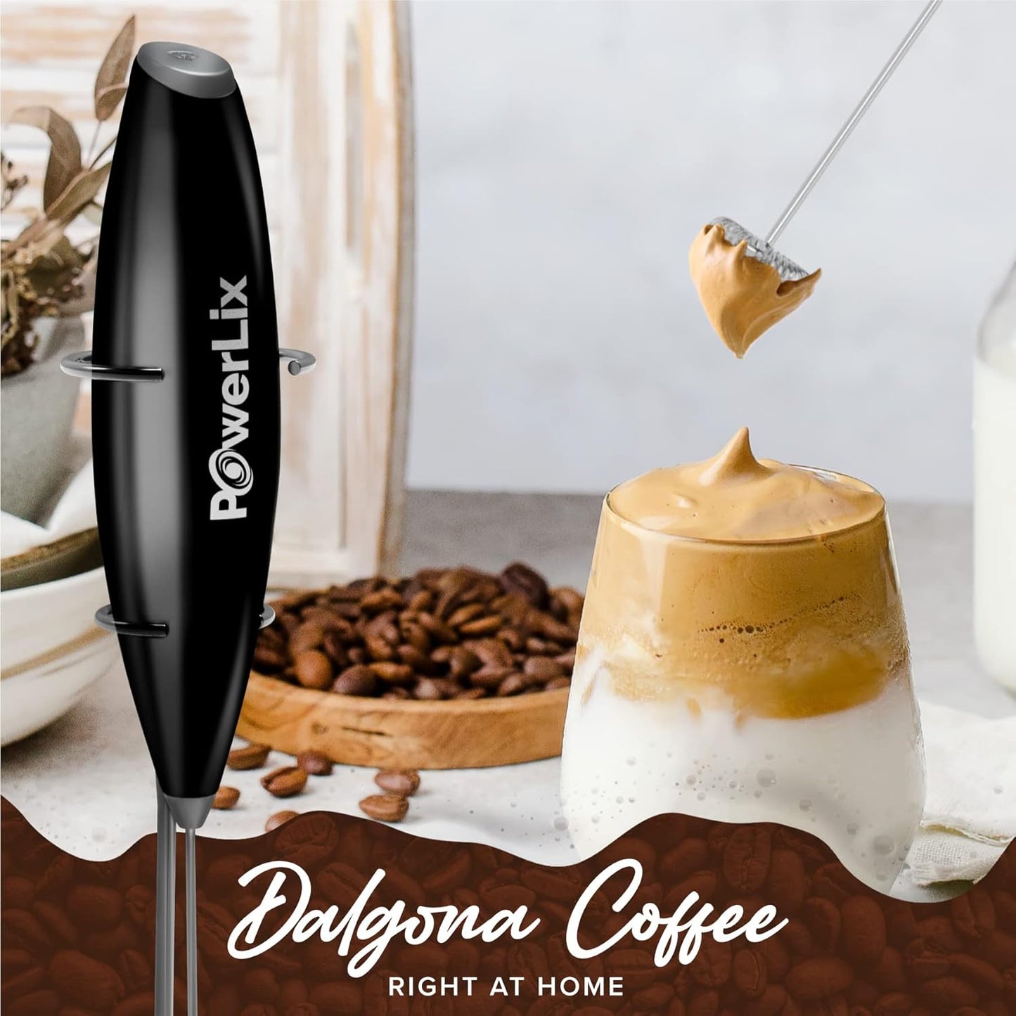 PowerLix Milk Frother Handheld Battery Operated Electric Whisk Foam Maker For Coffee, Latte, Cappuccino, Hot Chocolate, Coffee Accessories With Stainless Steel Stand (Metallic Black)