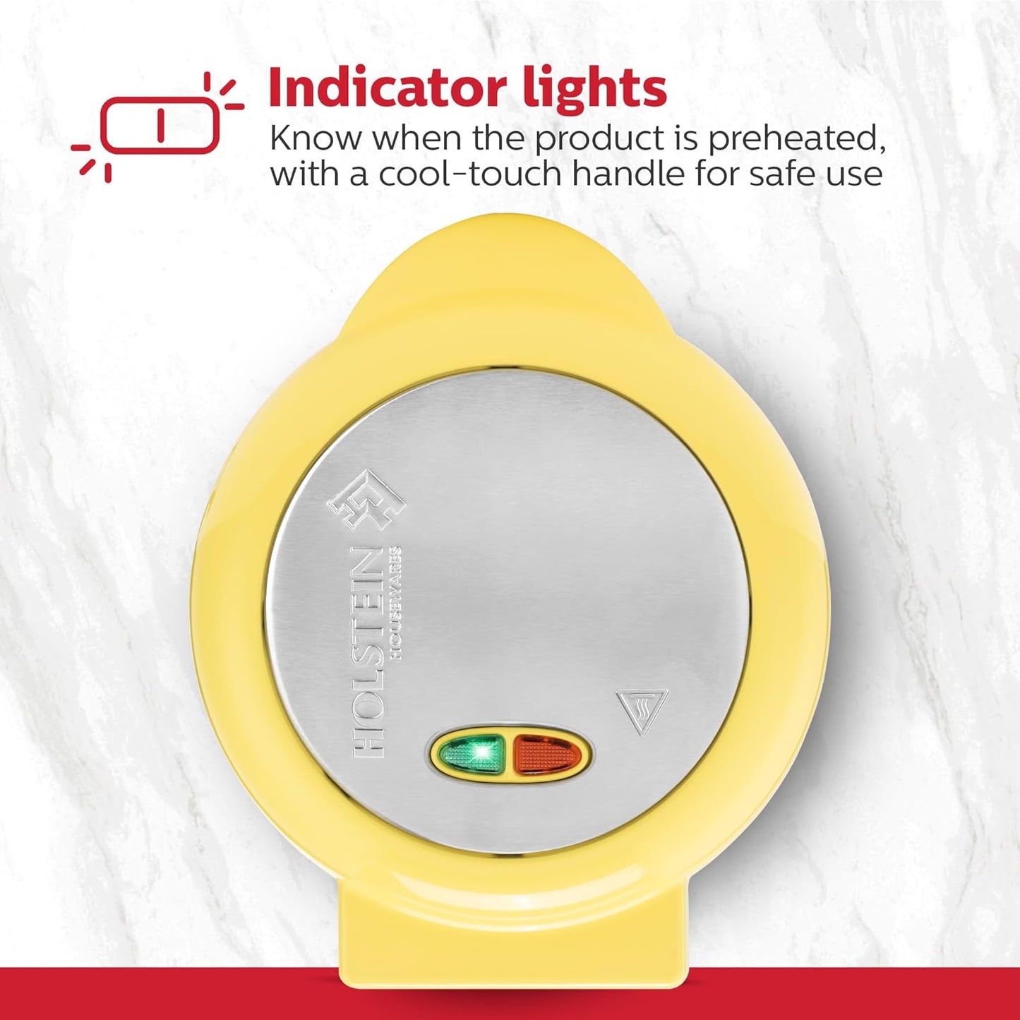 Holstein Housewares Stainless Steel 2 Section Omelet & Frittata Maker, Non Stick Coating, Easy To Clean, Indicator Lights, Compact Storage, Prepare Versatile Recipes in Minutes. 2 Portions, Yellow