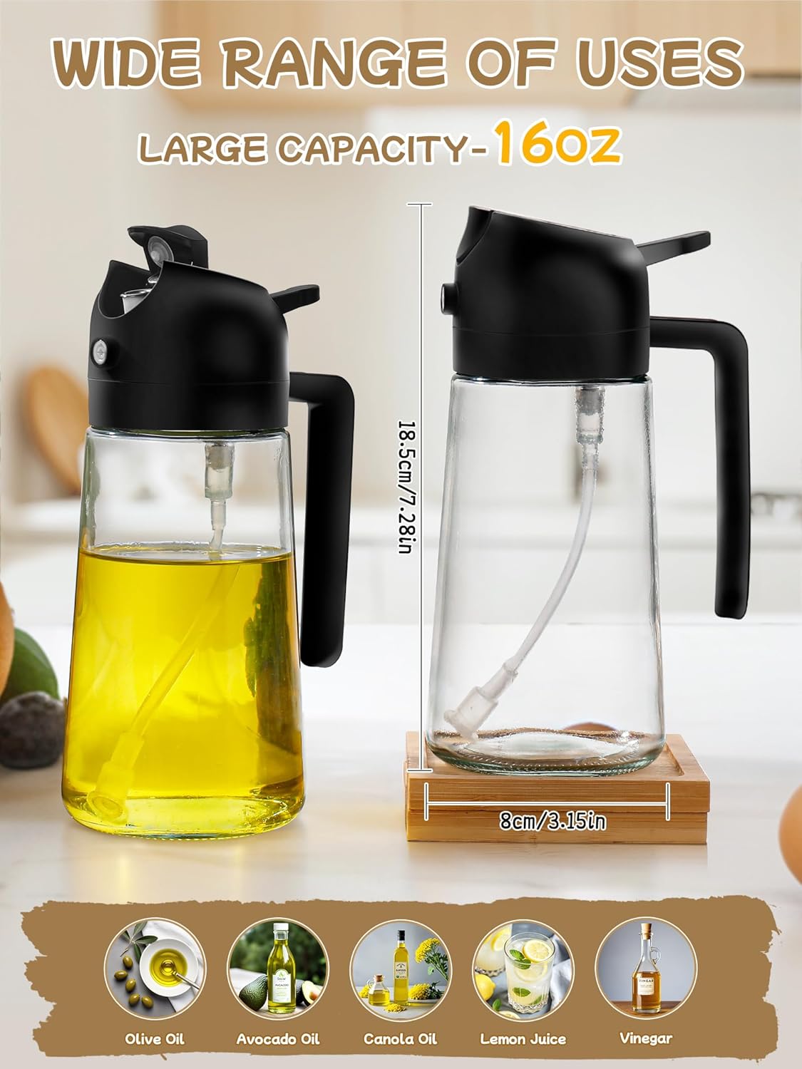 Kitchen Gadgets Oil Sprayer for Cooking 2pcs,Oil Dispenser for Kitchen,2 in 1 Oil Dispenser and Oil Sprayer,16oz Olive Oil Dispenser Bottle for Air Fryer,Salad, Grill (Black Kitchen Accessories)