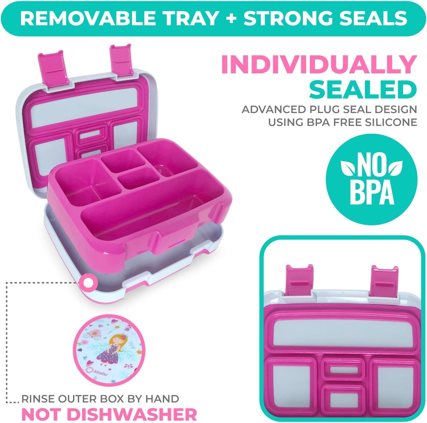 kinsho Bento Lunch Box for Kids Toddlers Girls, 5 Portion Sections Secure Lid, Microwave Safe BPA Free Removable Tray, Pre-School Kid Daycare Lunches Snack Container Ages 3 to 5, Pink Fairy Princess