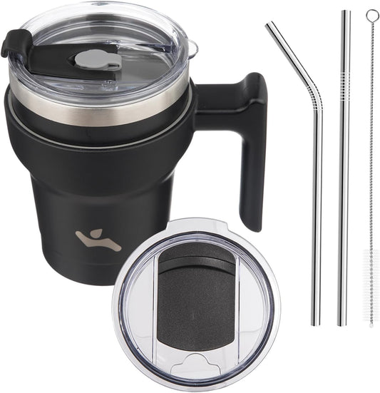 10 oz Tumbler with Handle and 2 Straw 2 Lid, Insulated Water Bottle Stainless Steel Vacuum Cup Reusable Travel Mug,Black