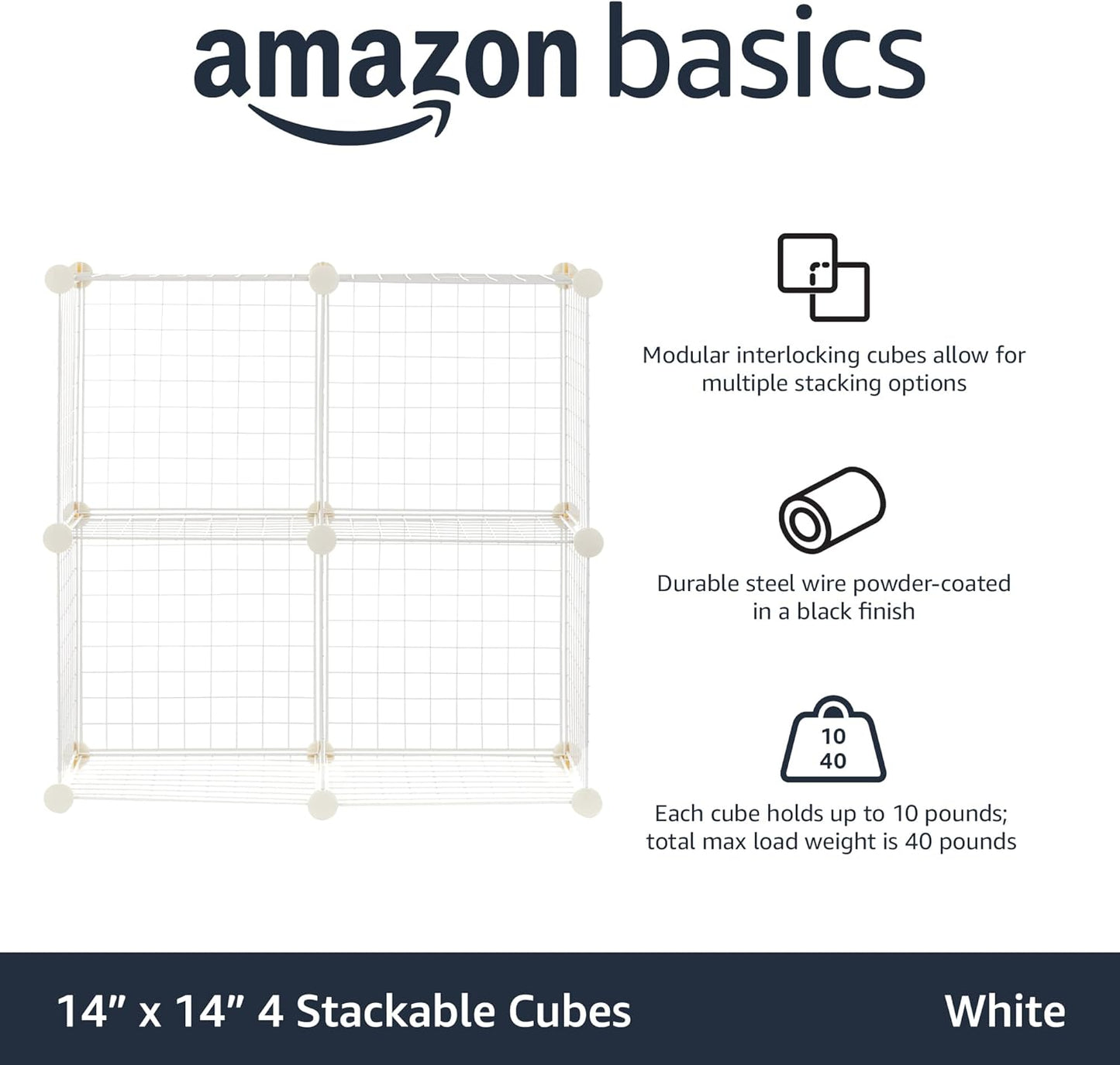 Amazon Basics 4 Cube Storage Organizer - Wire Grid Closet and Storage Shelves, Stackable, White 14"x14"x14"