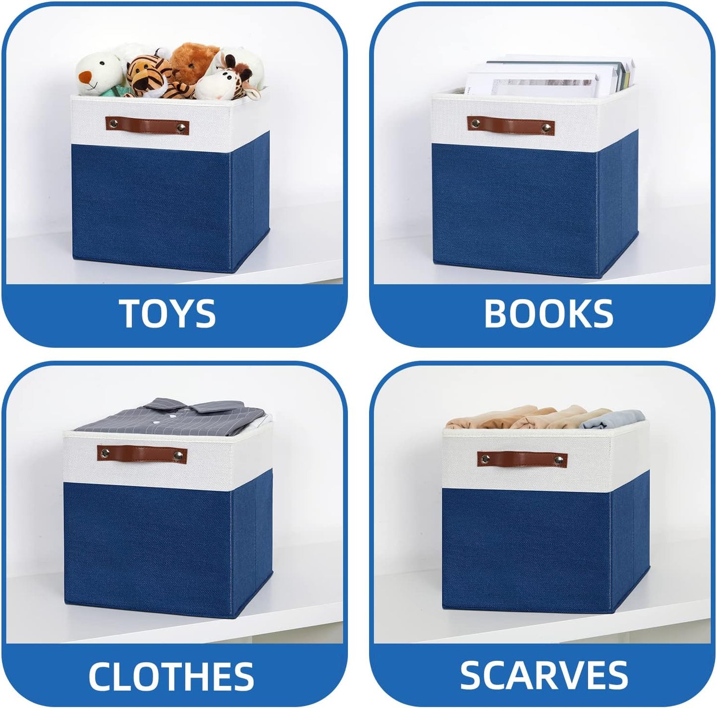 Temary Collapsible Storage Boxes - 12x12 Blue Cube Storage Bins with Handles for Organizing Home, White&Blue