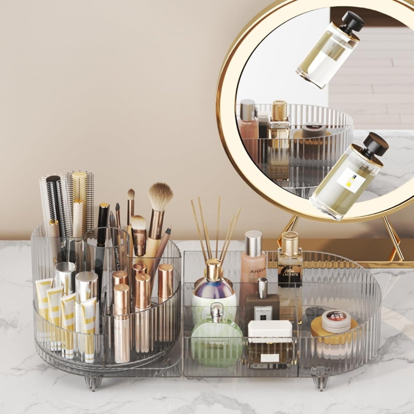 Rotating makeup organizer,Large Capacity Cosmetic Display Case, easy to hold all of your makeup products, at least 20 makeup brushes/eyeliner,10 lipsticks,8 skincare products(Crystal Clear)