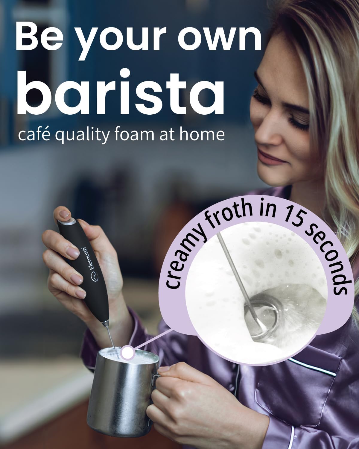 Elementi Milk Frother Wand & Drink Mixer with Stand - Powerful Coffee Frother Handheld Coffee Mixer Wand - Hand Held Milk Foamer to Make Perfect Cappuccinos, Lattes & Drink Mixes at Home (Sunrise)