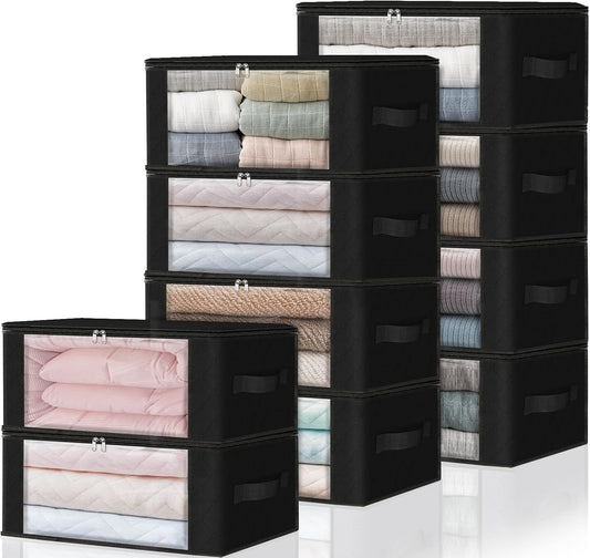 HomeHacks Storage 10-Pack Clothes Organizer Storage Bags Foldable Storage Box with Large Clear Window Sturdy Handles for Closet, Dorm, Pillows, Bedding, Clothes, Blankets, 35L, Black