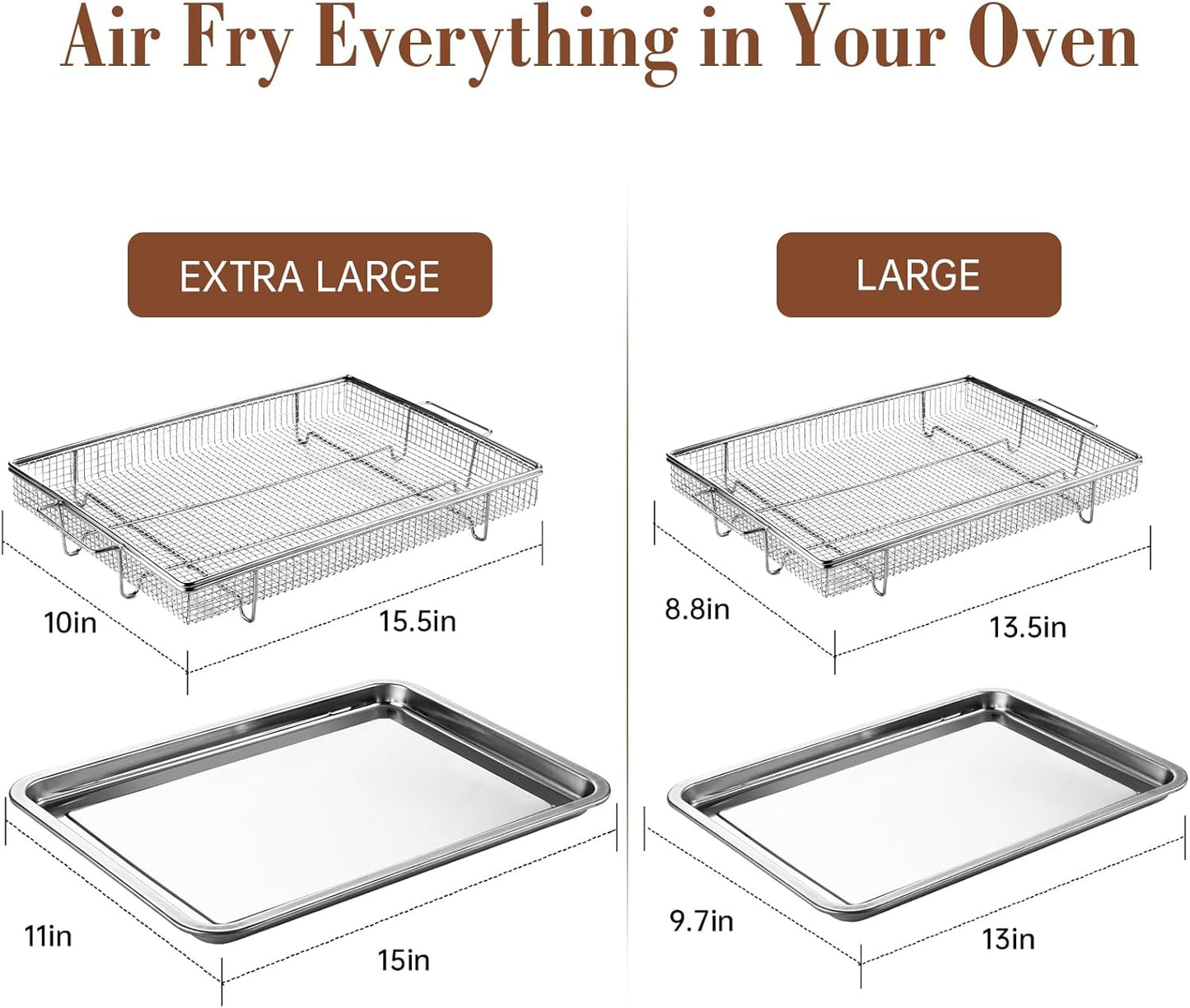 4PCS Air Fryer Basket for Oven, Nonstick Stainless Steel Baking Sheet 360°Heating Grilling Oven Air Fryer Accessories Basket and Tray for Family BBQ Party Cooking 15.5"x11"&13.5"x9.7"